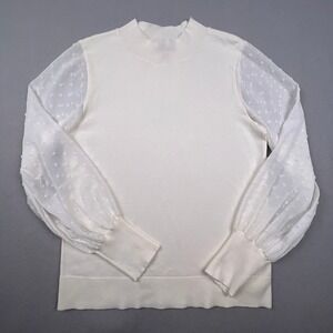 Vince Camuto Mock Neck Sweater Womens S White Sheer Swiss Dot Sleeve Elegant